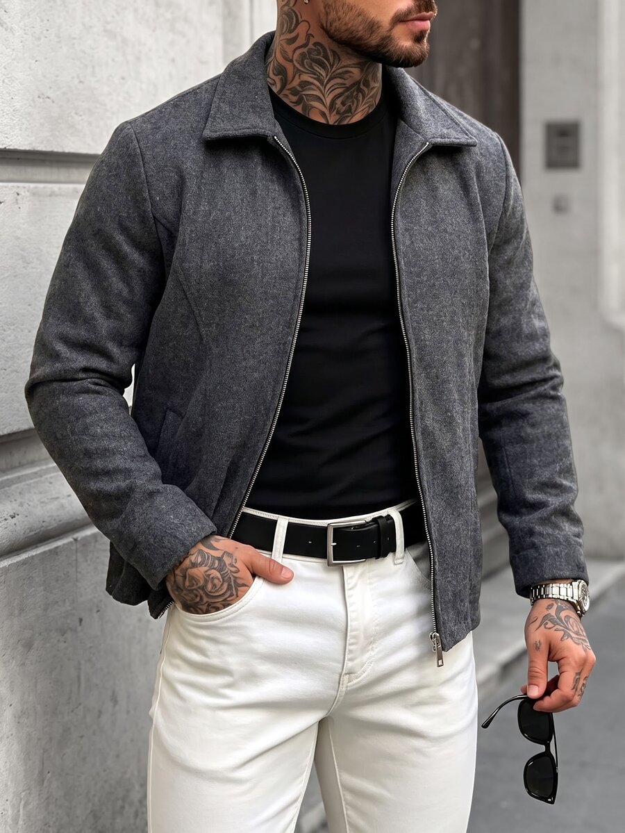 Manfinity Homme Men's Solid Color Casual Overcoat With Pocket Design, Suitable For Daily Commute Wear, Also An Ideal Gift For Boyfriend And Husband - Dark Grey - View 1