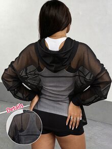 Rhythm Era Women's Plus Size Mesh Sheer Long Sleeve Hooded Sports Jacket - Red - View 2