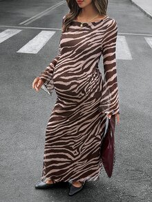 Lyckli Maternity Fashion Vacation Zebra Print Dress Fall - Multicolor - View 1