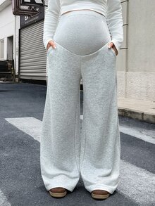 Lyckli Maternity Solid Color Adjustable Waist Wide Leg Loose Casual Sweatpants - Light Grey - View 7