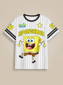 SpongeBob SquarePants | SHEIN 青少年女孩對比滾邊卡通滿版印花落肩休閒時尚短袖T恤 - 白色 - 查看 4
