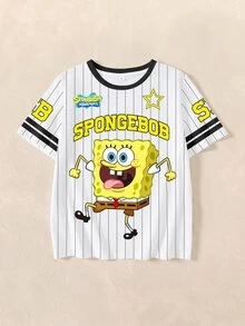 SpongeBob SquarePants | SHEIN 青少年女孩對比滾邊卡通滿版印花落肩休閒時尚短袖T恤 - 白色 - 查看 1