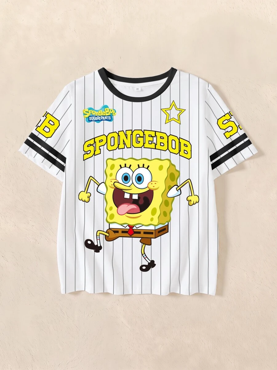 SpongeBob SquarePants | SHEIN 青少年女孩對比滾邊卡通滿版印花落肩休閒時尚短袖T恤 - 白色 - 查看 1