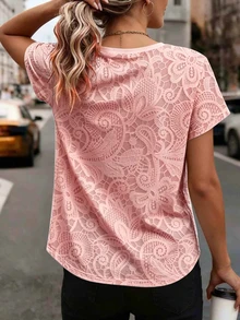 EMERY ROSE Women's Faux Floral Print Round Neck Top, Comfortable Casual Short Sleeve T-Shirt, Suitable For Daily Wear - Pink - View 2