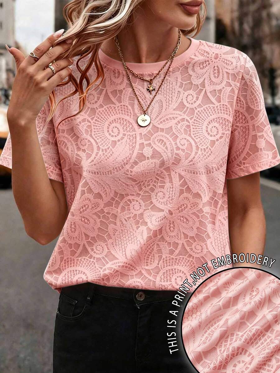 EMERY ROSE Women's Faux Floral Print Round Neck Top, Comfortable Casual Short Sleeve T-Shirt, Suitable For Daily Wear - Pink - View 1