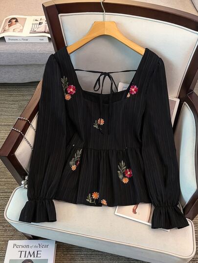 GlowEve CURVE Plus Size Women's Best-Selling Square Neck Elegant Fresh Embroidered Fabric Square Neck A-Line Doll Style Blouse, Exquisite Embroidery Backless Tie-Up Design With Faux Pearl Buttons, Suitable For Daily Commute, Outings, Dates, Gatherings And Travel