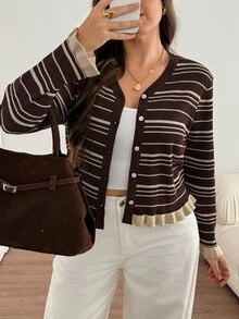 SHEIN LUNE Plus Size Striped Frill Trim Single-Breasted Long Sleeve Knit Cardigan Winter - Brown - View 3