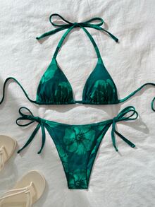Swim Vcay Women's Sexy Random Print Halter Tie Bikini Set, Summer - Dark Green - View 1