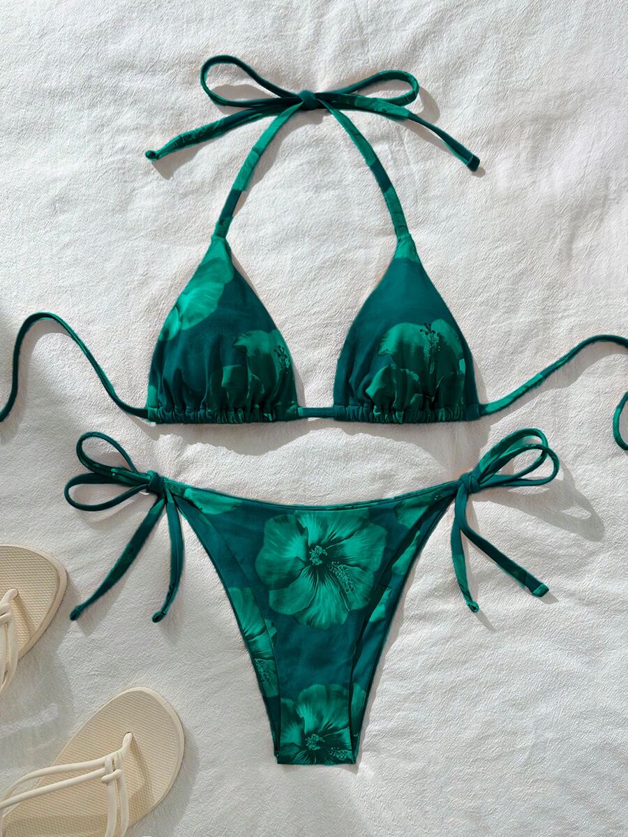 Swim Vcay Women's Sexy Random Print Halter Tie Bikini Set, Summer - Dark Green - View 1