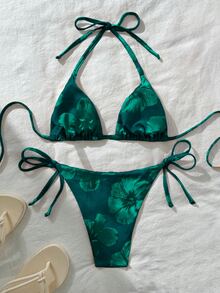 Swim Vcay Women's Sexy Random Print Halter Tie Bikini Set, Summer - Dark Green - View 2
