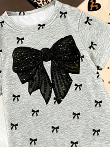 SHEIN (1Random Set) Girls' Fashion Leopard Print Heart Polka Dot Bow Pattern Basic Short T-Shirt And Leggings Set, Daily Wear - Multicolor - View 5