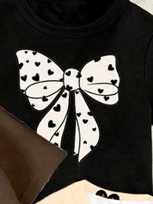 SHEIN (1Random Set) Girls' Fashion Leopard Print Heart Polka Dot Bow Pattern Basic Short T-Shirt And Leggings Set, Daily Wear - Multicolor - View 7