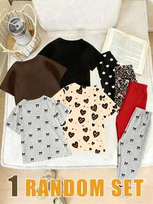 SHEIN (1Random Set) Girls' Fashion Leopard Print Heart Polka Dot Bow Pattern Basic Short T-Shirt And Leggings Set, Daily Wear - Multicolor - View 2