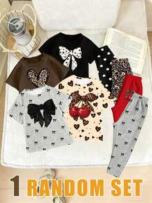 SHEIN (1Random Set) Girls' Fashion Leopard Print Heart Polka Dot Bow Pattern Basic Short T-Shirt And Leggings Set, Daily Wear - Multicolor - View 3