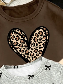 SHEIN (1Random Set) Girls' Fashion Leopard Print Heart Polka Dot Bow Pattern Basic Short T-Shirt And Leggings Set, Daily Wear - Multicolor - View 4
