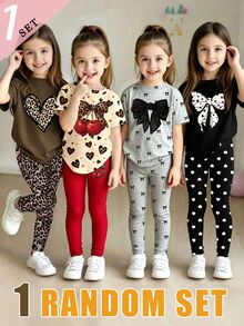SHEIN (1Random Set) Girls' Fashion Leopard Print Heart Polka Dot Bow Pattern Basic Short T-Shirt And Leggings Set, Daily Wear - Multicolor - View 1