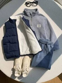 SHEIN 小男孩秋冬抓絨內裡加厚半高領衛衣，搭配藍色牛仔褲，適合假期出遊 - 彩色 - 查看 6