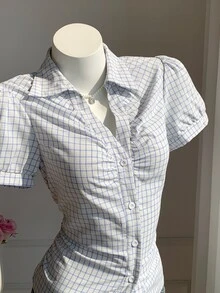 Comfortcana Blus Lengan Mengembang Motif Kotak-kotak Kasual Musim Panas untuk Wanita - Grey - View 6