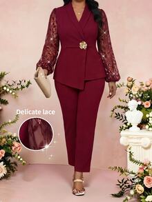 Fleurora Plus Size Elegant Party Cocktail Dinner Formal Wedding Guest Sequin Embroidered Mesh Patchwork Jacket Pants Suit Set Burgundy Fall New Year - Burgundy - View 4