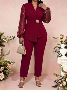 Fleurora Plus Size Elegant Party Cocktail Dinner Formal Wedding Guest Sequin Embroidered Mesh Patchwork Jacket Pants Suit Set Burgundy Fall New Year - Burgundy - View 3