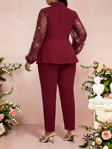 Fleurora Plus Size Elegant Party Cocktail Dinner Formal Wedding Guest Sequin Embroidered Mesh Patchwork Jacket Pants Suit Set Burgundy Fall New Year - Burgundy - View 2
