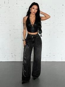 Jeanoix Celana Jeans Denim Washed dengan Bordir Inggris dan Pinggang Asimetris Gaya Y2K untuk Wanita - Dark Grey - View 3