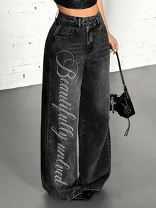 Jeanoix Celana Jeans Denim Washed dengan Bordir Inggris dan Pinggang Asimetris Gaya Y2K untuk Wanita - Dark Grey - View 8