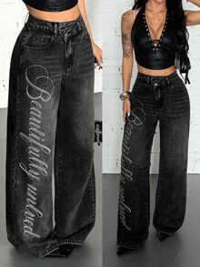 Jeanoix Celana Jeans Denim Washed dengan Bordir Inggris dan Pinggang Asimetris Gaya Y2K untuk Wanita - Dark Grey - View 1