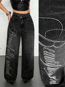 Jeanoix Celana Jeans Denim Washed dengan Bordir Inggris dan Pinggang Asimetris Gaya Y2K untuk Wanita - Dark Grey - View 7