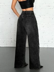Jeanoix Celana Jeans Denim Washed dengan Bordir Inggris dan Pinggang Asimetris Gaya Y2K untuk Wanita - Dark Grey - View 2