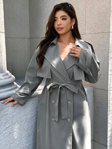 Easura Plus Size Lapel Faux Raglan Long Sleeve Mid-Length Side Pocket Cuff Buckle Decor Trench Coat Casual Outing Date Party Daily Commute Elegant Sophisticated - Army Green - View 5