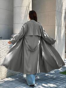 Easura Plus Size Lapel Faux Raglan Long Sleeve Mid-Length Side Pocket Cuff Buckle Decor Trench Coat Casual Outing Date Party Daily Commute Elegant Sophisticated - Army Green - View 2