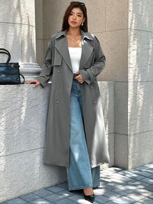 Easura Plus Size Lapel Faux Raglan Long Sleeve Mid-Length Side Pocket Cuff Buckle Decor Trench Coat Casual Outing Date Party Daily Commute Elegant Sophisticated - Army Green - View 1