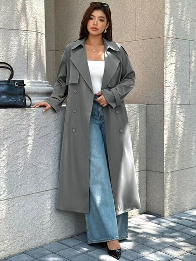 Easura Plus Size Lapel Faux Raglan Long Sleeve Mid-Length Side Pocket Cuff Buckle Decor Trench Coat Casual Outing Date Party Daily Commute Elegant Sophisticated