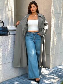 Easura Plus Size Lapel Faux Raglan Long Sleeve Mid-Length Side Pocket Cuff Buckle Decor Trench Coat Casual Outing Date Party Daily Commute Elegant Sophisticated - Army Green - View 6