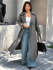 Easura Plus Size Lapel Faux Raglan Long Sleeve Mid-Length Side Pocket Cuff Buckle Decor Trench Coat Casual Outing Date Party Daily Commute Elegant Sophisticated - Army Green - View 4