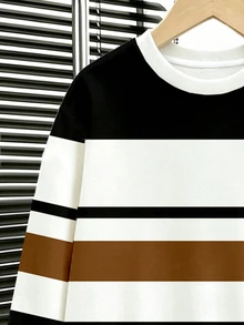 Tween Boys Casual Street Minimalist Colorblock Striped Print Drop Shoulder Crew Neck Sweatshirt & Sweatpants 2 Pieces Set, Suitable For Outings And Sports - Multicolor - View 3