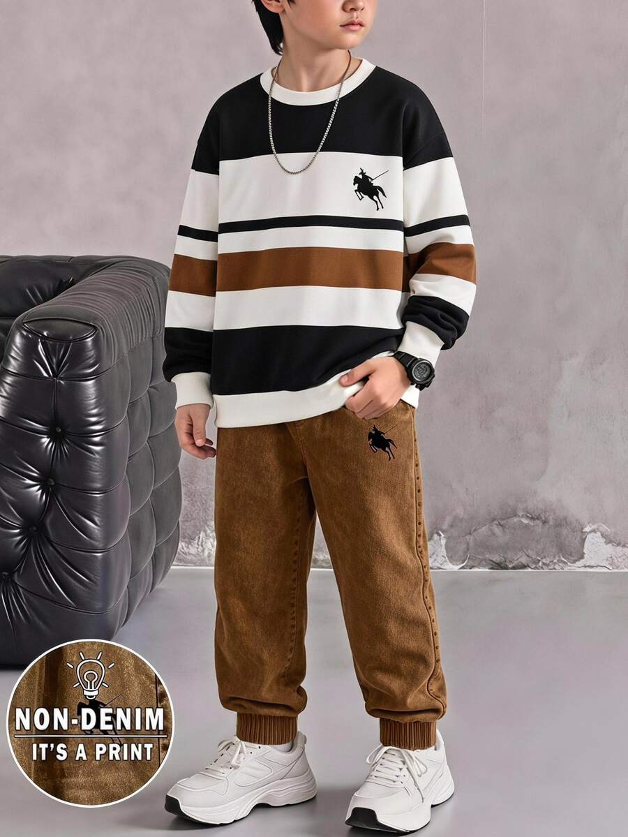 Tween Boys Casual Street Minimalist Colorblock Striped Print Drop Shoulder Crew Neck Sweatshirt & Sweatpants 2 Pieces Set, Suitable For Outings And Sports - Multicolor - View 1