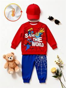 SHEIN طقم سويت شيرت للأولاد الرضع بطبعة شبكة العنكبوت والبطل الخارق بتصميم كتل لونية، خريف، كاوبوي، سيارة سباق، أسود وأحمر وأسود وأصفر، بأكمام طويلة وأساور مضلعة - متعدد الألوان - مشاهدة 2