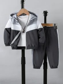 SHEIN 2pcs Toddler Boy Hooded Jacket Pants Set Grey White Dark Grey Color Block Zip Up Long Sleeve Regular Outdoor Fall Halloween Holiday Family Matching - Multicolor - View 2