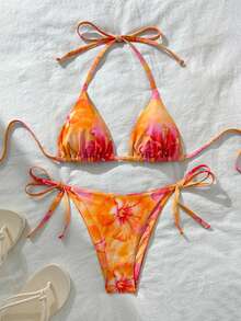 SHEIN Swim 女士随机印花吊带比基尼套装，夏季 - 彩色 - 查看 1