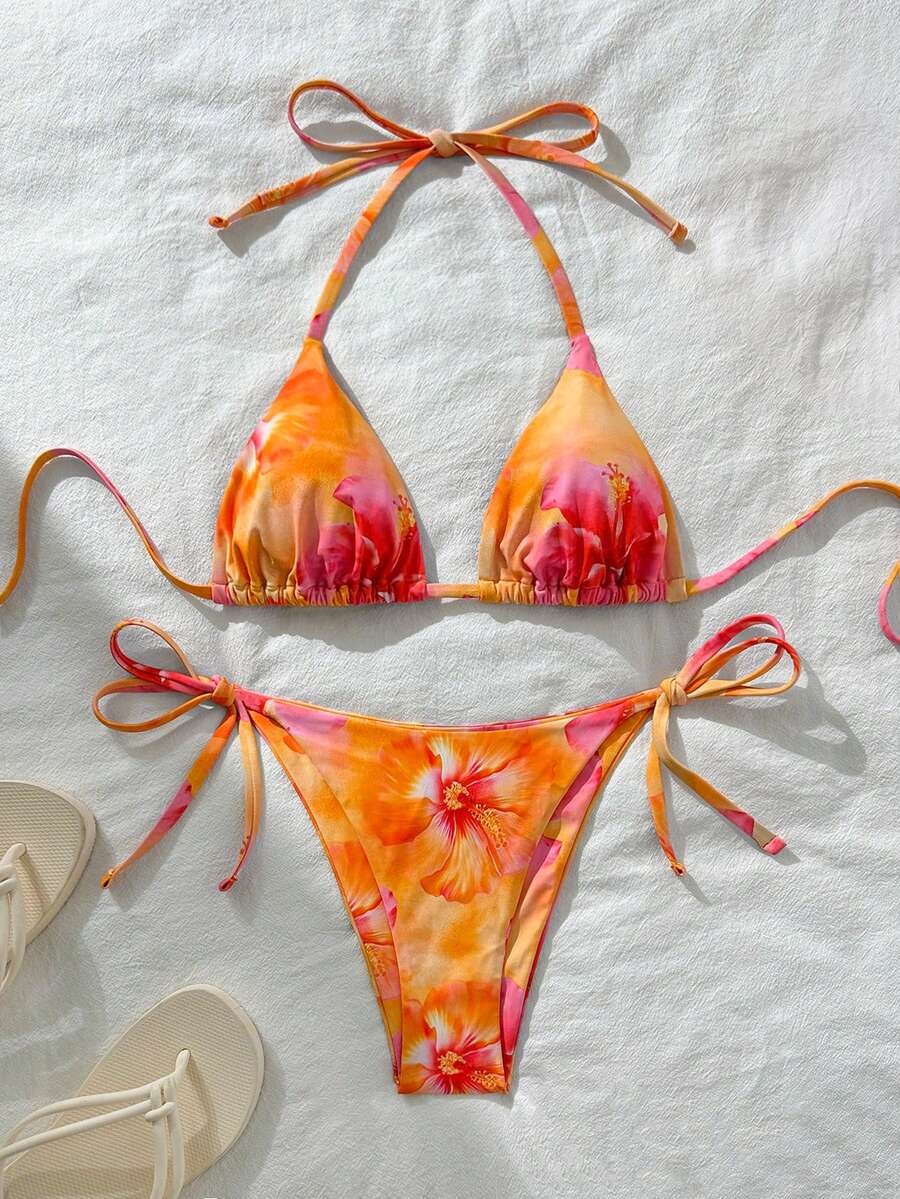 SHEIN Swim 女士随机印花吊带比基尼套装,夏季 - 彩色 - 查看 1