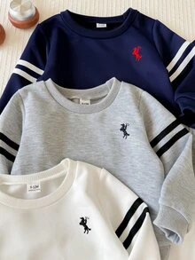 SHEIN 6件組幼兒男孩運動衫長褲套裝 學院風 海軍藍 灰色 白色條紋刺繡Logo 長袖圓領 返校季 秋冬萬聖節聖誕節 - 黑與白 - 查看 4