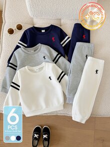 SHEIN 6件組幼兒男孩運動衫長褲套裝 學院風 海軍藍 灰色 白色條紋刺繡Logo 長袖圓領 返校季 秋冬萬聖節聖誕節 - 黑與白 - 查看 3