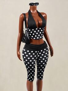 Mistrie Women's Polka Dot Print Deep V Halter Neck Tank Top And 5-Inch Biker Shorts 2 Pieces Set - Black and White - View 8