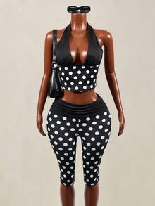 Mistrie Women's Polka Dot Print Deep V Halter Neck Tank Top And 5-Inch Biker Shorts 2 Pieces Set - Black and White - View 3