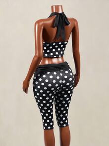 Mistrie Women's Polka Dot Print Deep V Halter Neck Tank Top And 5-Inch Biker Shorts 2 Pieces Set - Black and White - View 2