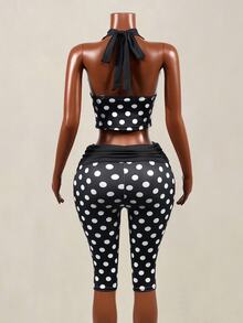 Mistrie Women's Polka Dot Print Deep V Halter Neck Tank Top And 5-Inch Biker Shorts 2 Pieces Set - Black and White - View 4