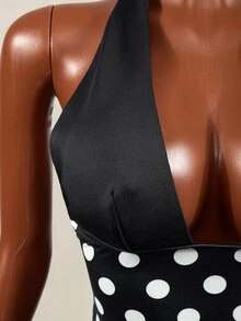 Mistrie Women's Polka Dot Print Deep V Halter Neck Tank Top And 5-Inch Biker Shorts 2 Pieces Set - Black and White - View 5