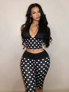 Mistrie Women's Polka Dot Print Deep V Halter Neck Tank Top And 5-Inch Biker Shorts 2 Pieces Set - Black and White - View 1
